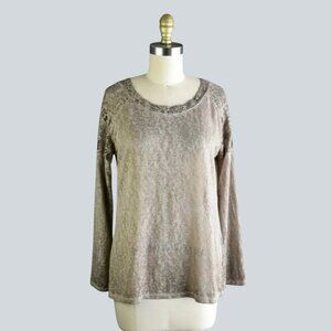 ELENA BALDI BURNOUT FLORAL LACE LONG SLEEVE TOP